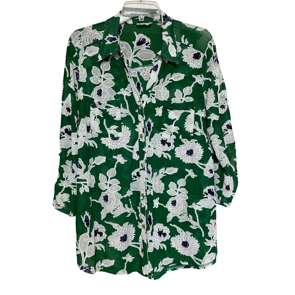 Ember Floral Print Sheer Button Down Shirt Blouse Womens XL Green White Navy